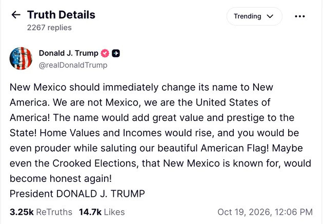 President Trump urges New Mexico to rename itself New America
